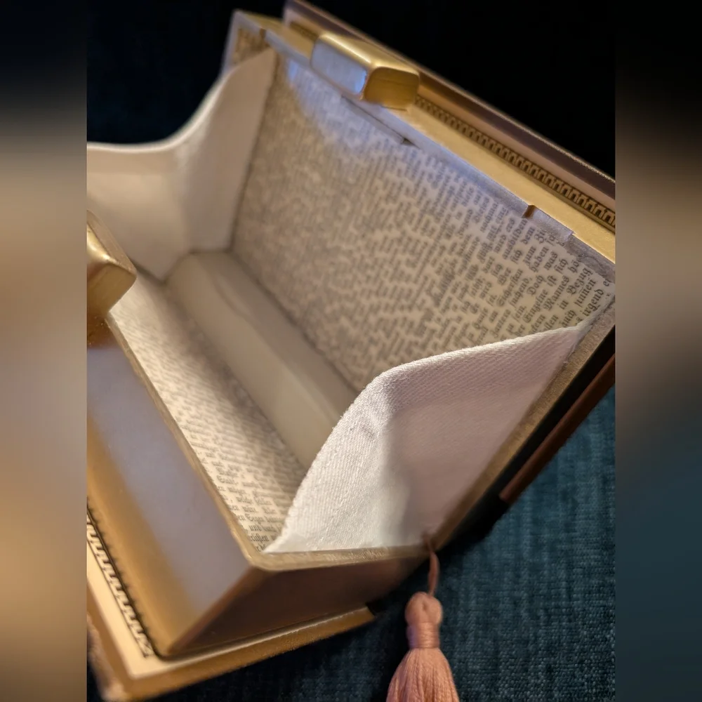 Vintage Brown Hard Cover Book Clutch With Pink Tassel - Picture 5 of 10